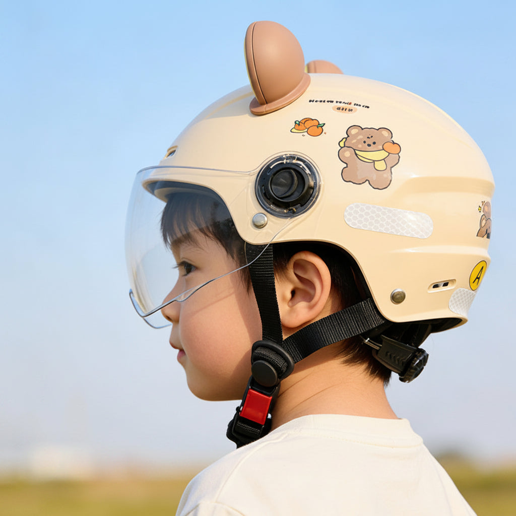 Casque vélo enfant jaune oreilles d’ours avec visière | PROJETVELO