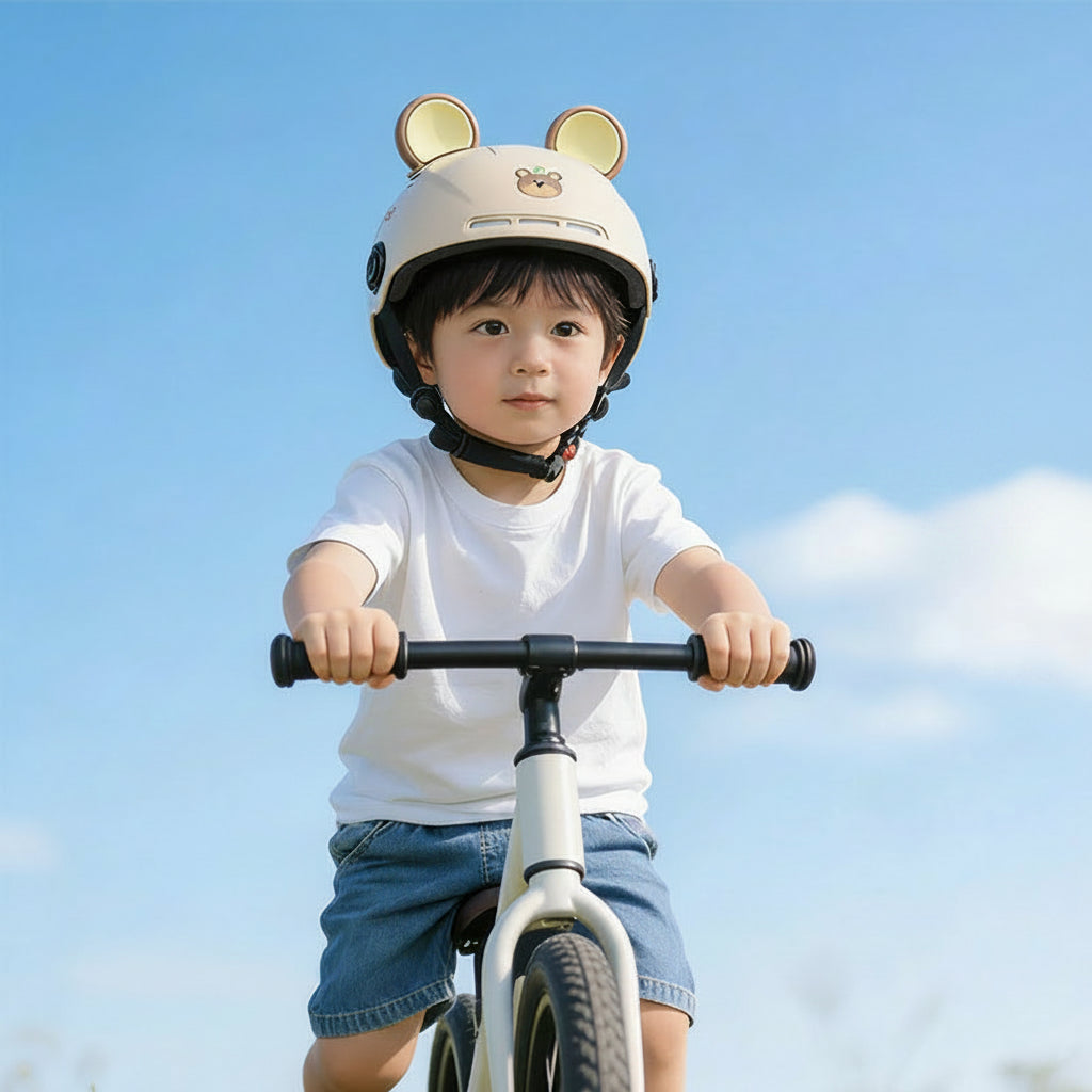 Casque vélo enfant jaune oreilles d’ours avec visière | PROJETVELO