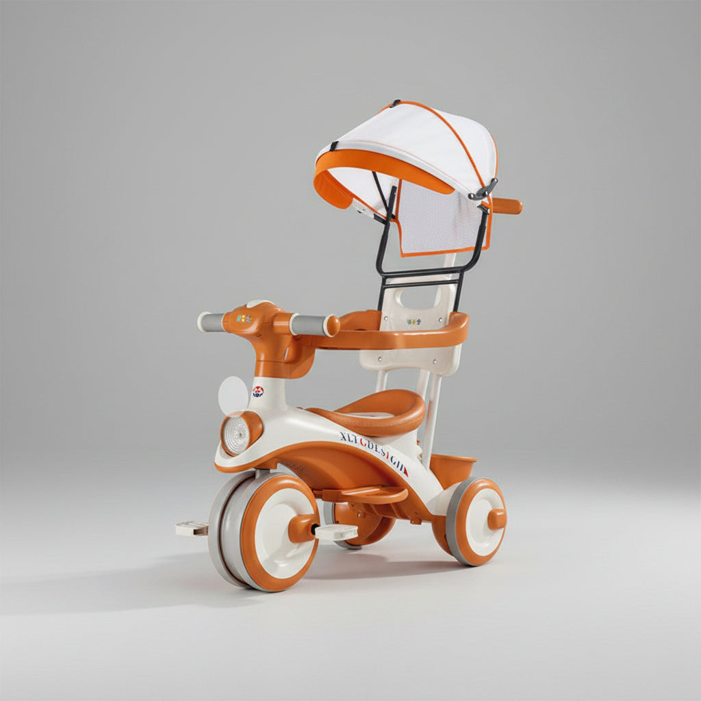 Tricycle enfant pousseur barre parentale auvent selon modèle | PROJETVELO