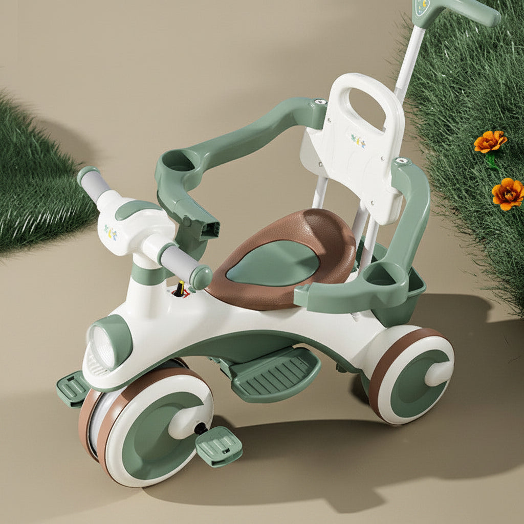 Tricycle enfant pousseur barre parentale auvent selon modèle | PROJETVELO