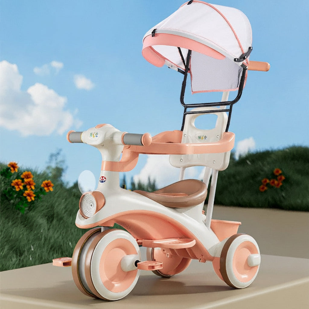 Tricycle enfant pousseur barre parentale auvent selon modèle | PROJETVELO