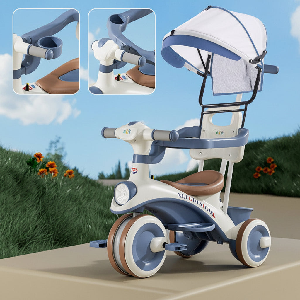 Tricycle enfant pousseur barre parentale auvent selon modèle | PROJETVELO