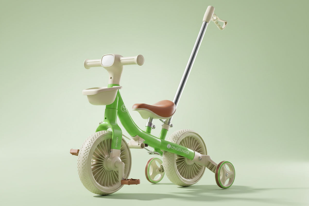 Tricycle enfant avec barre pousseur et 3 roues Vert | PROJETVELO
