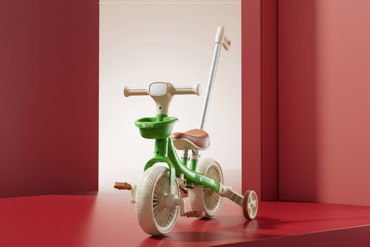 Tricycle enfant avec barre pousseur et 3 roues Vert | PROJETVELO