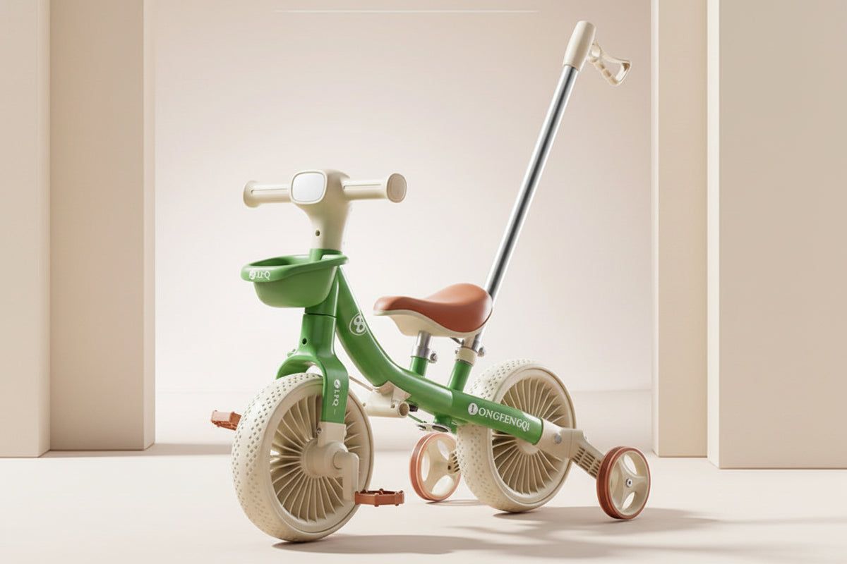 Tricycle enfant avec barre pousseur et 3 roues Vert | PROJETVELO