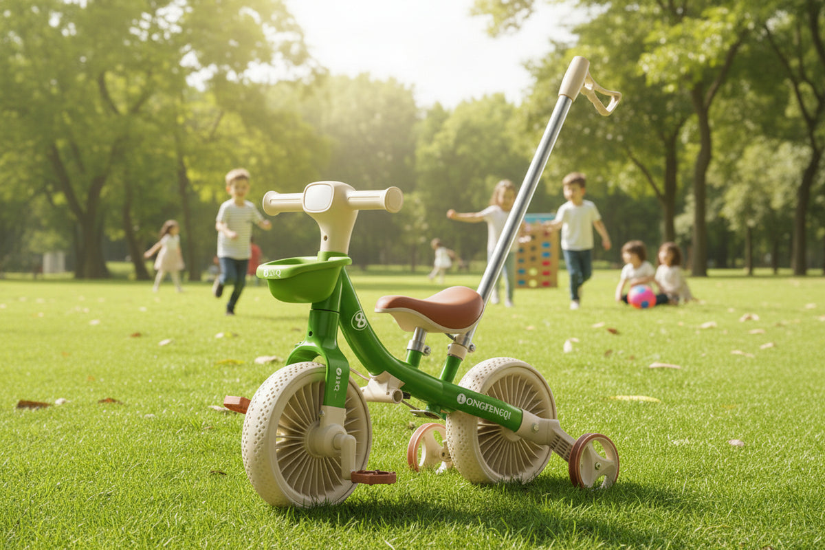 Tricycle enfant avec barre pousseur et 3 roues Vert | PROJETVELO