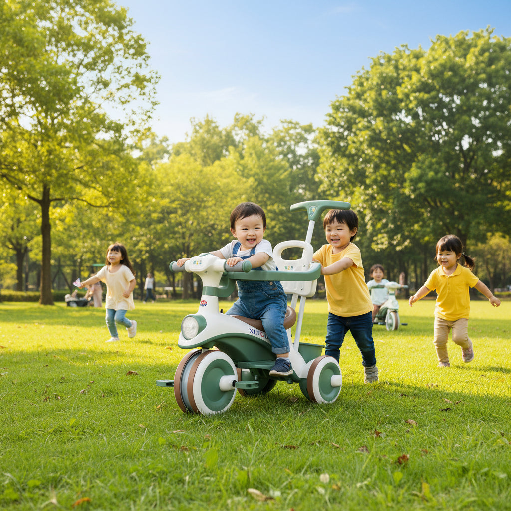 Tricycle enfant pousseur barre parentale auvent selon modèle | PROJETVELO