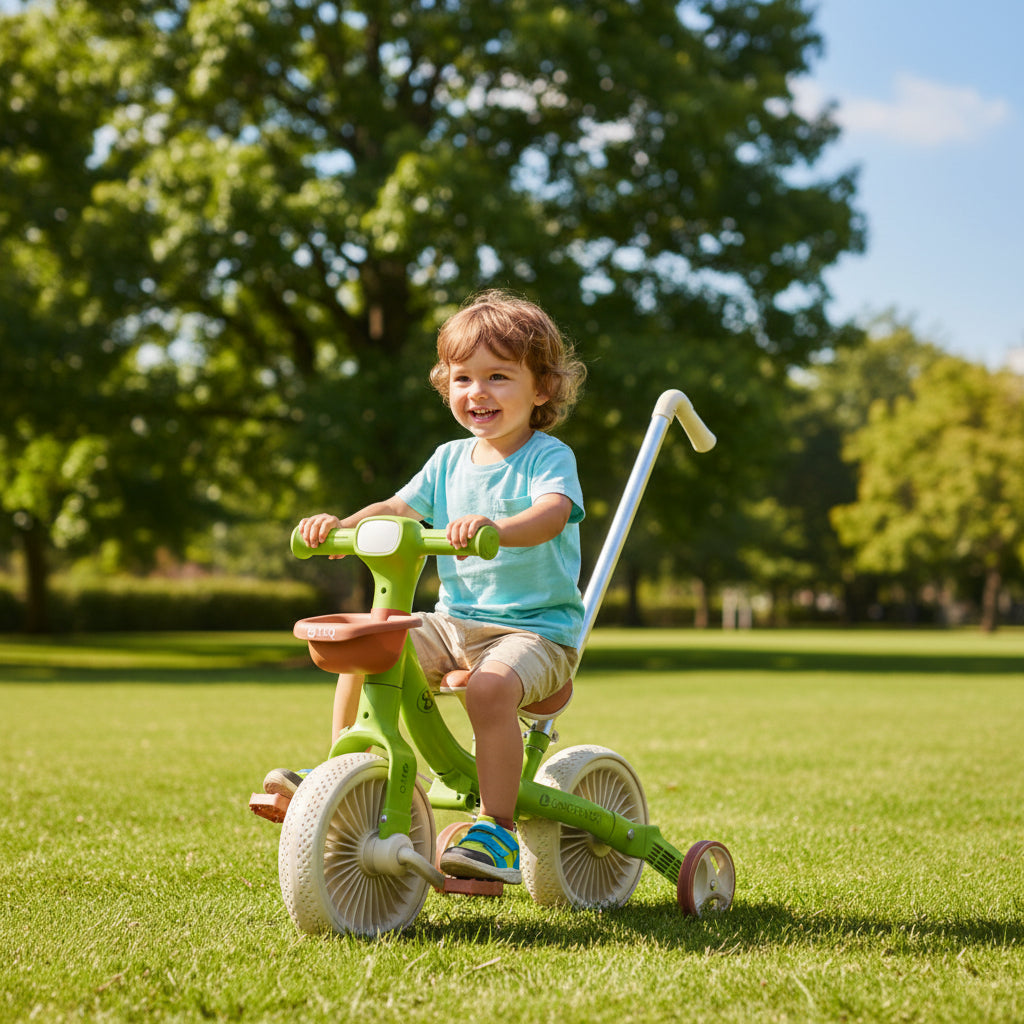 Tricycle enfant avec barre pousseur et 3 roues Vert | PROJETVELO
