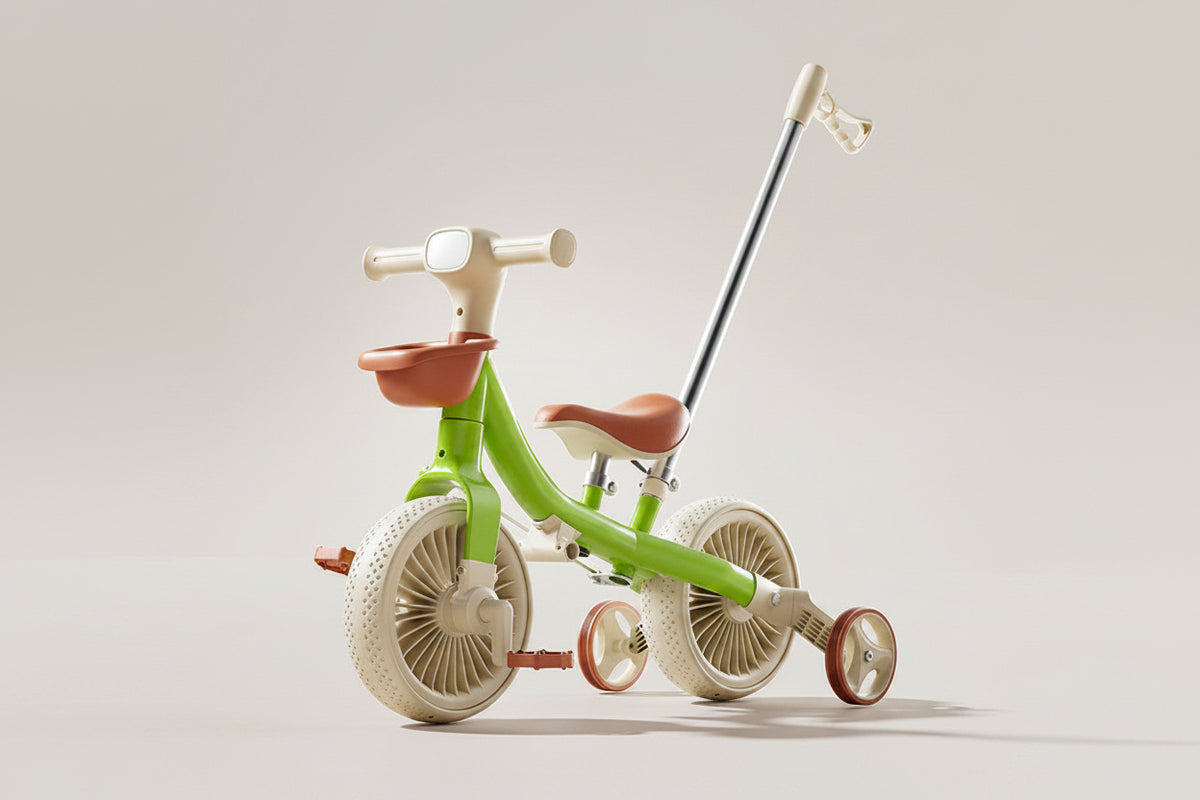 Tricycle enfant avec barre pousseur et 3 roues Vert | PROJETVELO