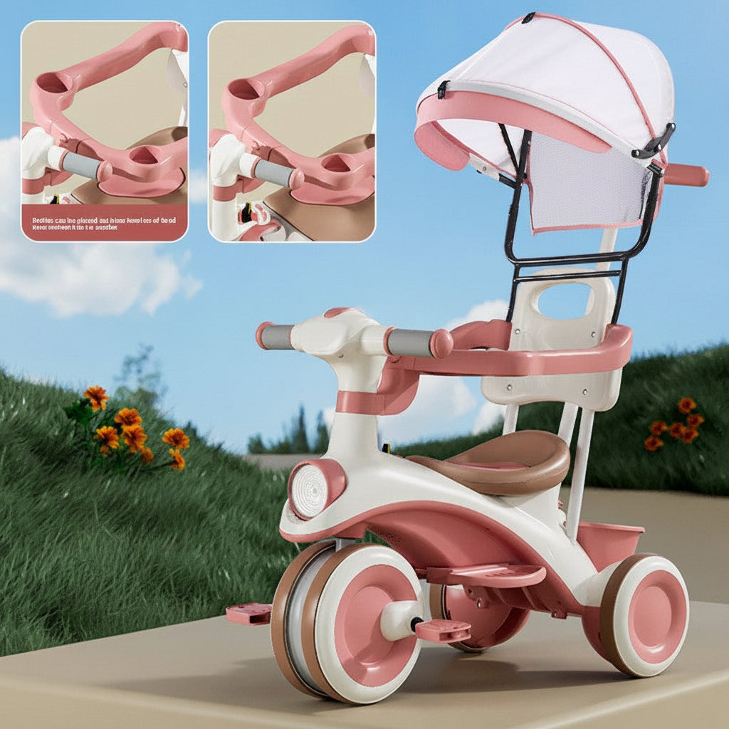 Tricycle enfant pousseur barre parentale auvent selon modèle | PROJETVELO